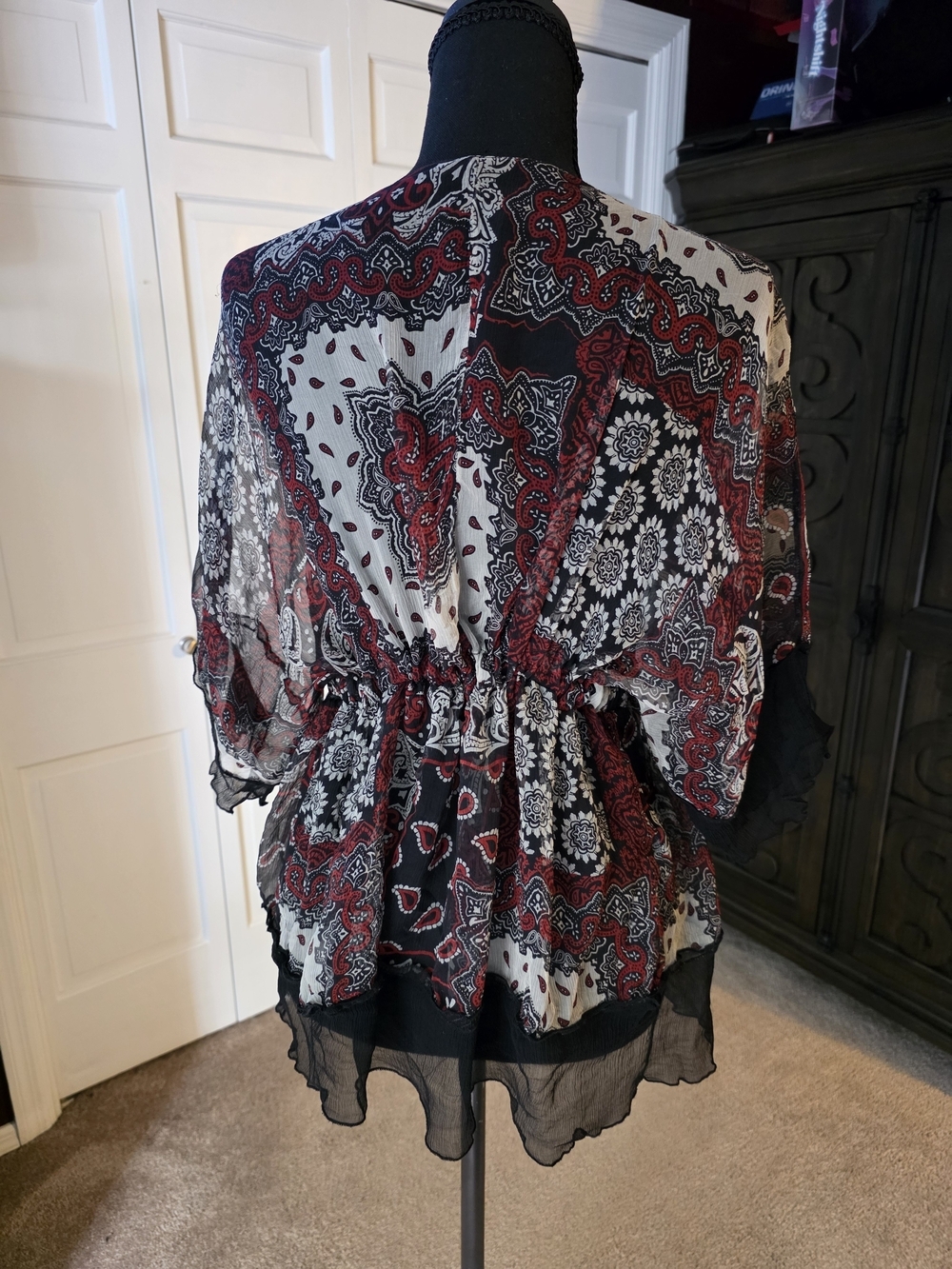 Boho Sheer Paisley Kimono Cardigan Cover Up | Tie Front Festival Hippie - Picture 3 of 5